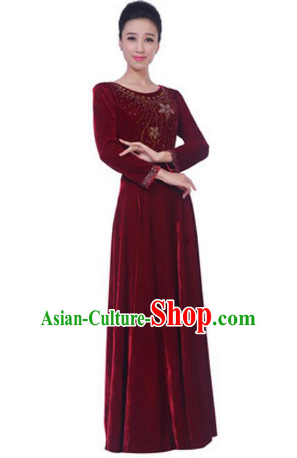 Top Grade Chorus Singing Group Wine Red Velvet Dress, Compere Classical Dance Costume for Women