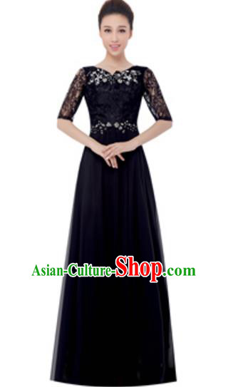 Top Grade Chorus Singing Group Black Lace Full Dress, Compere Modern Dance Costume for Women
