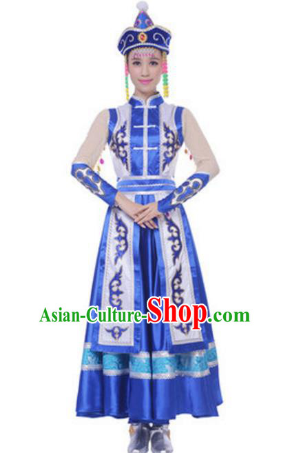 Traditional Chinese Mongol Ethnic Blue Dress, Mongolian Minority Folk Dance Costume and Headwear for Women