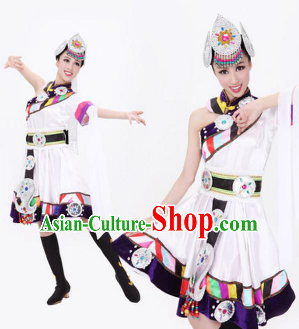 Traditional Chinese Zang Nationality White Dress, Tibetan Minority Folk Dance Ethnic Costume and Headwear for Women