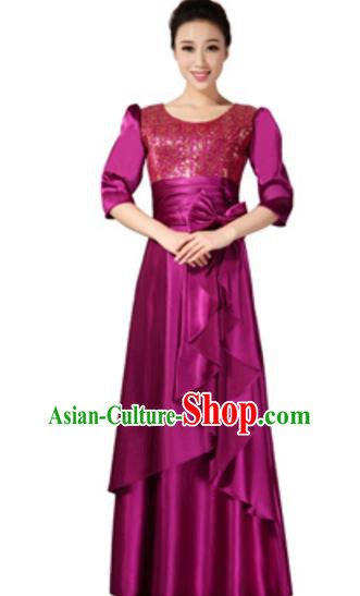 Top Grade Chorus Singing Group Amaranth Sequins Full Dress, Compere Classical Dance Costume for Women