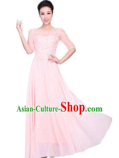 Top Grade Chorus Singing Group Embroidered Lace Full Dress, Compere Classical Dance Pink Costume for Women