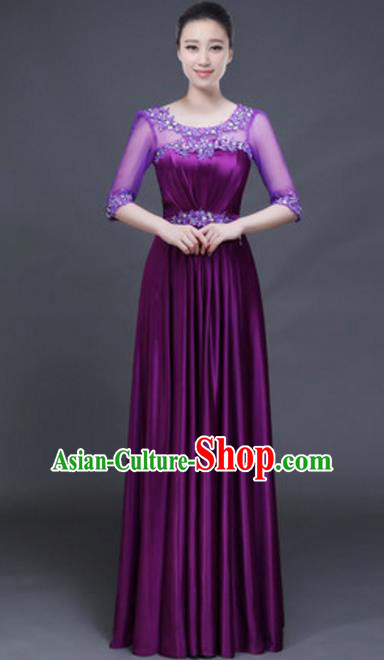 Top Grade Chorus Group Purple Full Dress, Compere Stage Performance Classical Dance Choir Costume for Women
