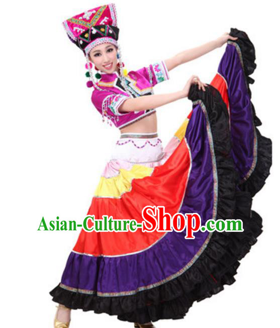 Traditional Chinese Yi Nationality Dance Dress, China Yi Minority Folk Dance Ethnic Costume and Hat for Women