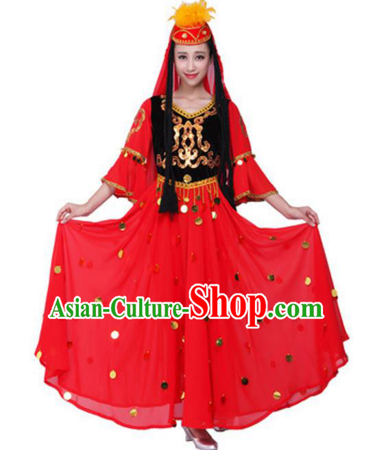 Traditional Chinese Uyghur Nationality Dance Red Dress, China Uigurian Minority Folk Dance Ethnic Costume and Hat for Women