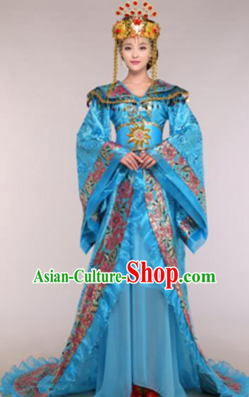 Traditional Chinese Ancient Queen Blue Costume Tang Dynasty Empress Historical Clothing and Headpiece Complete Set