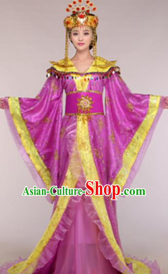 Traditional Chinese Ancient Queen Purple Costume Tang Dynasty Empress Historical Clothing and Headpiece Complete Set
