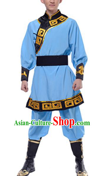 Traditional Chinese Mongols Nationality Blue Clothing, China Mongolian Minority Dance Ethnic Costume for Men