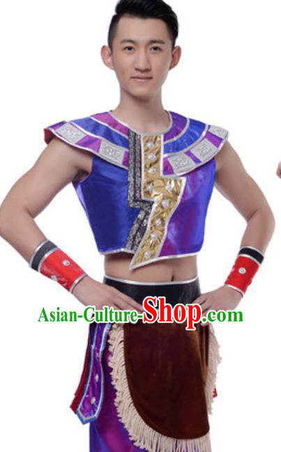 Traditional Chinese Dai Nationality Costume, Chinese Dai Ethnic Dance Purple Clothing for Men
