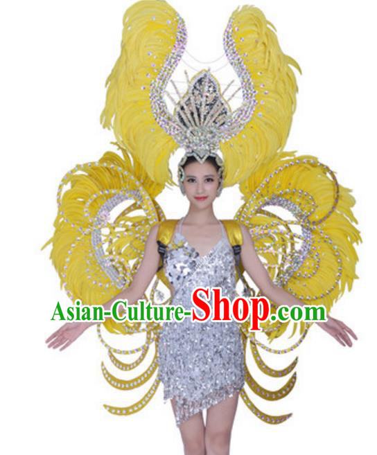 Top Grade Modern Dance Props Stage Show Brazil Parade Giant Yellow Feather Wings and Headpiece for Women