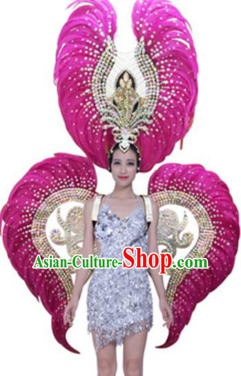 Top Grade Modern Samba Dance Props Stage Show Brazil Parade Giant Rosy Feather Wings and Headpiece for Women
