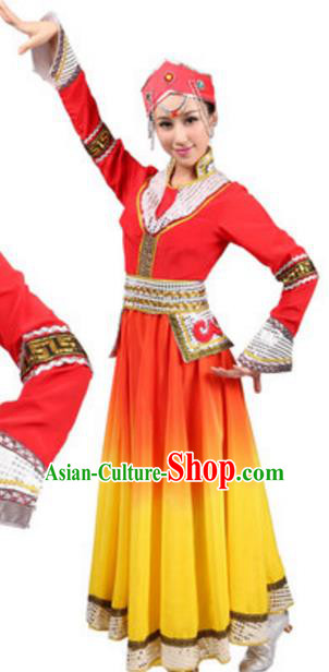 Traditional Chinese Mongolian Nationality Costume, Chinese Mongols Ethnic Dance Red Dress Clothing and Hat for Women