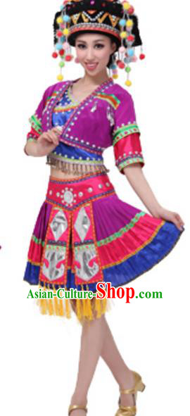 Traditional Chinese Miao Nationality Costume, Chinese Hmong Dance Ethnic Purple Dress and Headwear for Women