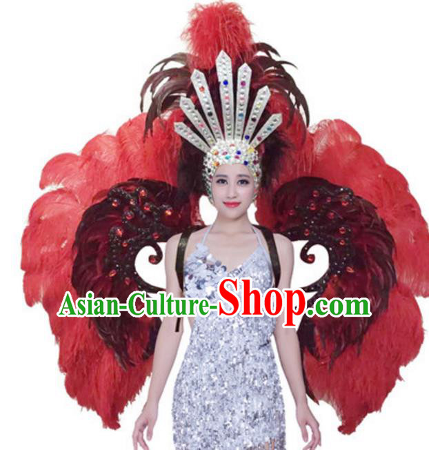 Top Grade Samba Dance Props Stage Show Brazil Parade Giant Red Ostrich Feather Wings and Headpiece for Women