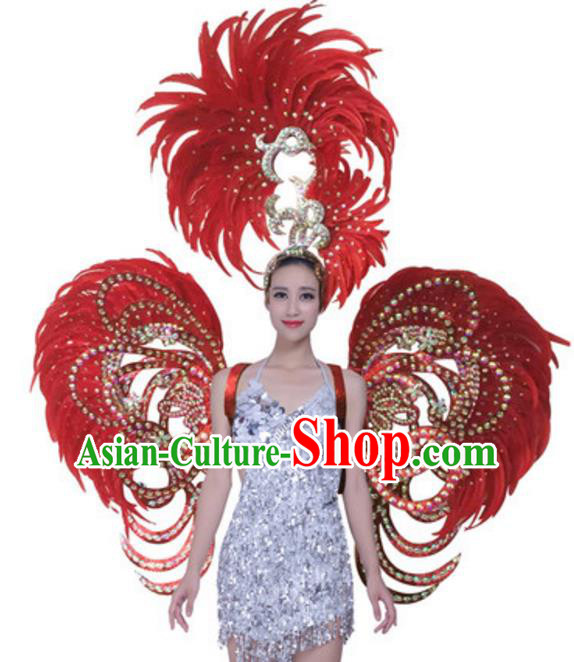 Top Grade Samba Dance Props Stage Show Brazil Parade Giant Red Feather Butterfly Wings and Headpiece for Women