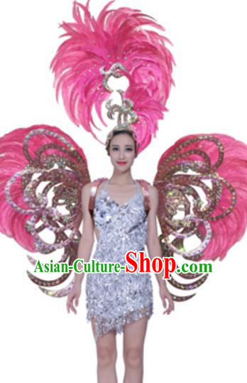 Top Grade Samba Dance Props Stage Show Brazil Parade Giant Pink Feather Butterfly Wings and Headpiece for Women