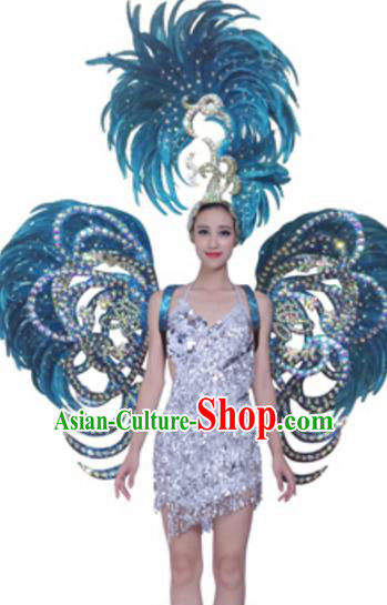 Top Grade Samba Dance Props Stage Show Brazil Parade Giant Blue Feather Butterfly Wings and Headpiece for Women