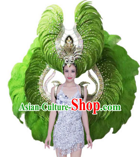 Top Grade Samba Dance Props Stage Show Brazil Parade Giant Green Feather Wings and Headpiece for Women