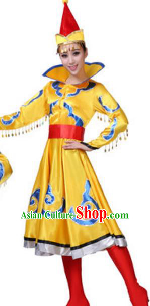 Traditional Chinese Nationality Yellow Mongolian Robe, China Mongols Ethnic Dance Costume and Hat for Women