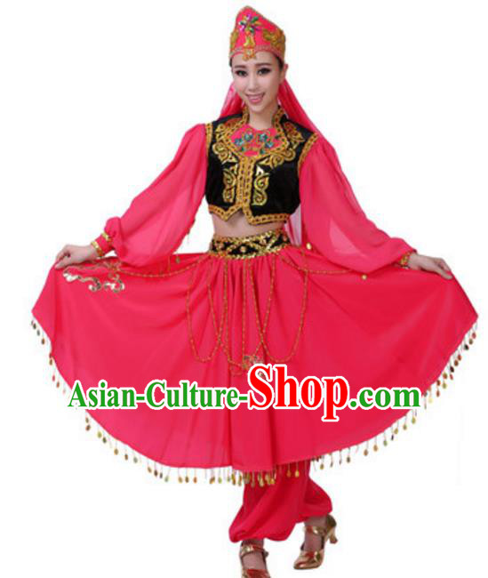 Traditional Chinese Uigurian Nationality Rosy Dress, China Uyghur Ethnic Dance Costume and Headwear for Women
