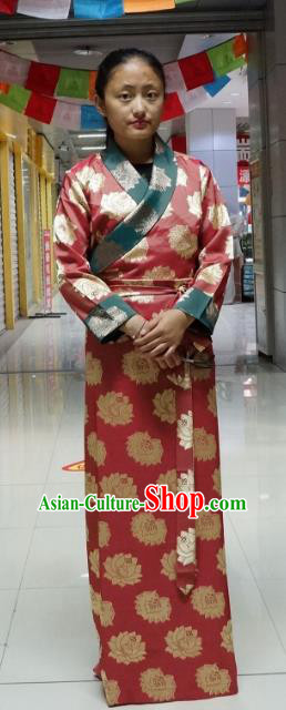 Chinese Traditional Zang Nationality Red Brocade Dress, China Tibetan Heishui Dance Costume for Women