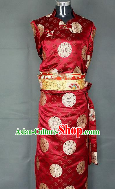 Chinese Traditional Zang Nationality Wine Red Dress, China Tibetan Heishui Dance Brocade Costume for Women