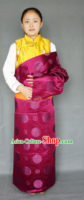Chinese Traditional Zang Nationality Clothing Wine Red Tibetan Robe, China Tibetan Ethnic Heishui Dance Costume for Women