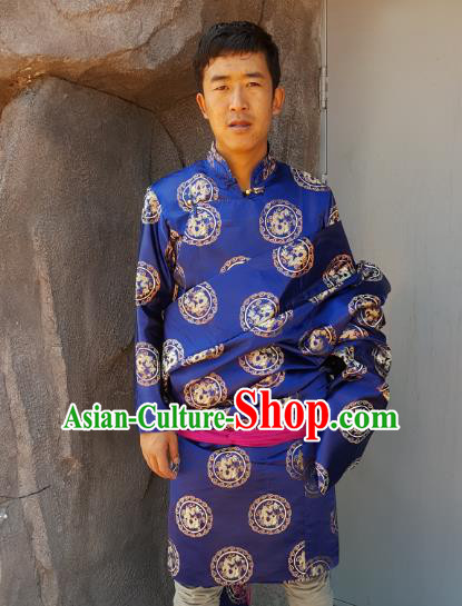 Chinese Traditional Zang Nationality Costume Blue Brocade Tibetan Robe, China Tibetan Ethnic Clothing for Men