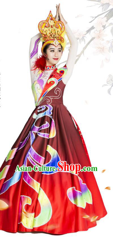 Top Grade Chinese Classical Dance Red Bubble Dress Stage Performance Folk Dance Costume for Women