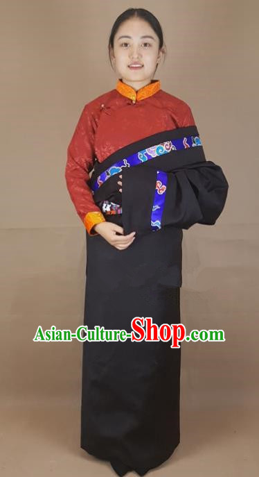 Chinese Traditional Zang Nationality Clothing Black Tibetan Robe, China Tibetan Ethnic Heishui Dance Costume for Women