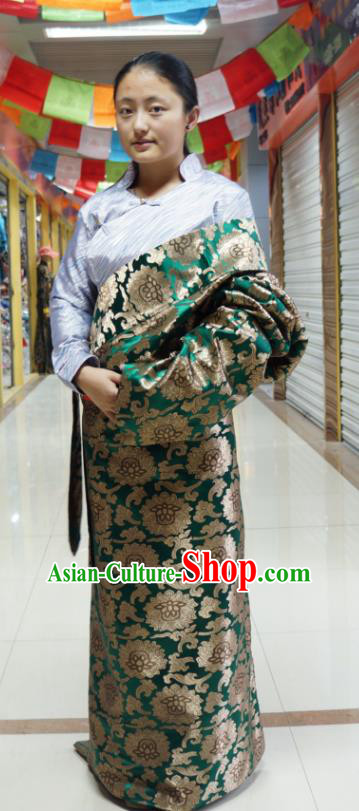 Chinese Traditional Zang Nationality Deep Green Dress Clothing, China Tibetan Ethnic Heishui Dance Costume for Women