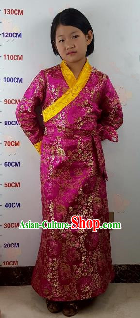 Chinese Traditional Zang Nationality Children Costume, China Tibetan Ethnic Rosy Brocade Dress for Kids