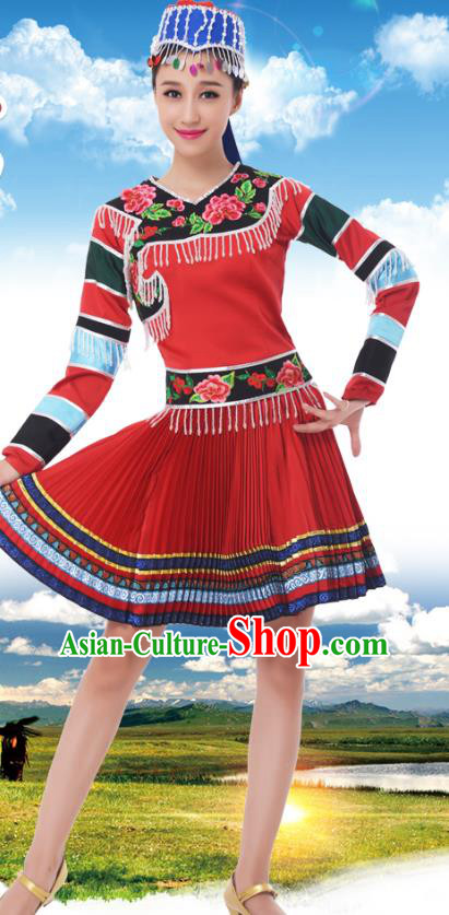 Traditional Chinese Mongolian Nationality Red Dress, China Mongols Minority Ethnic Dance Costume and Headpiece for Women