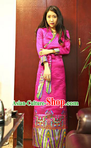 Chinese Traditional Zang Nationality Pink Brocade Dress, China Tibetan Dance Costume for Women