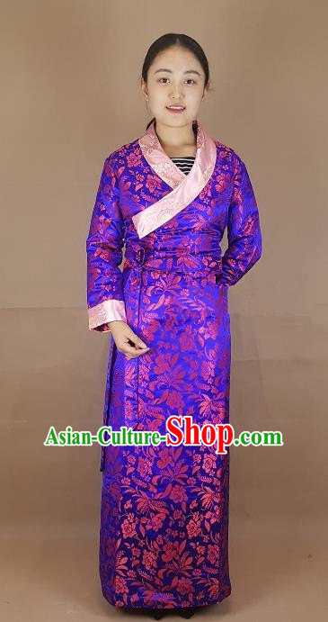Chinese Traditional Zang Nationality Heishui Dance Costume, China Tibetan Purple Brocade Dress for Women