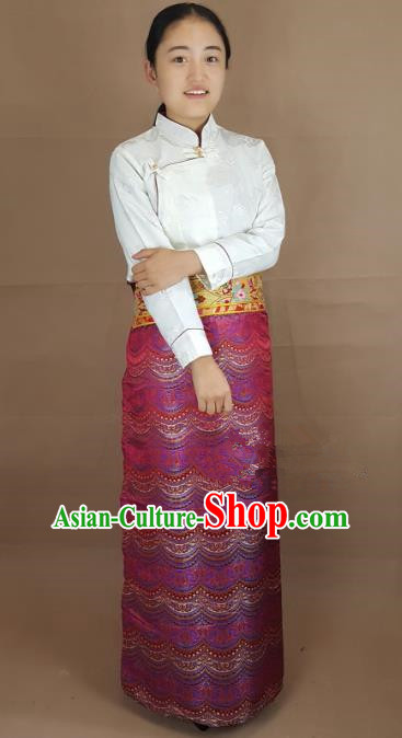 Chinese Traditional Zang Nationality Costume, China Tibetan Heishui Dance Rosy Brocade Skirt for Women
