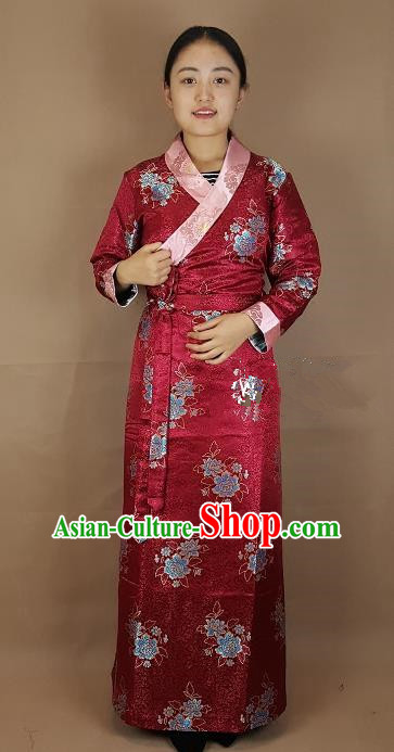 Chinese Traditional Zang Nationality Costume Wine Red Brocade Dress, China Tibetan Heishui Dance Clothing for Women