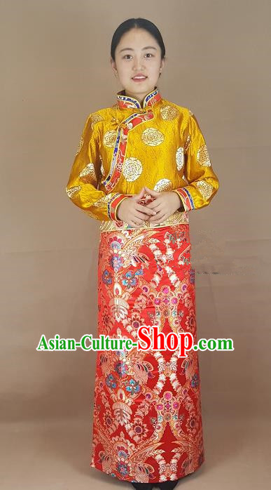 Chinese Traditional Zang Nationality Costume Red Brocade Bust Skirt, China Tibetan Heishui Dance Clothing for Women