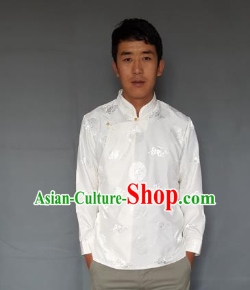 Chinese Traditional Zang Nationality Costume White Shirts, China Tibetan Ethnic Upper Outer Garment Clothing for Men