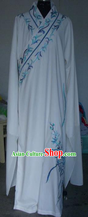 Chinese Traditional Shaoxing Opera Scholar Costumes Peking Opera Niche Embroidered Orchid White Robe for Adults