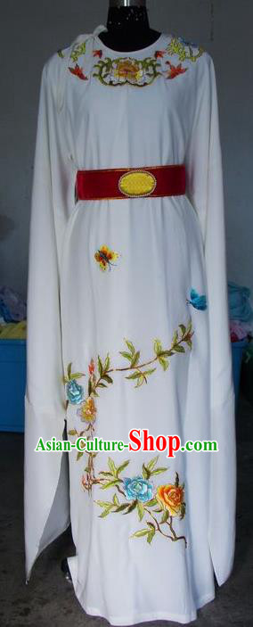 Chinese Traditional Shaoxing Opera Prince Embroidered Peony White Robe Peking Opera Niche Costumes for Adults