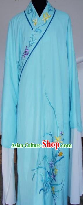Chinese Traditional Shaoxing Opera Niche Embroidered Orchid Blue Robe Clothing Peking Opera Scholar Costume for Adults