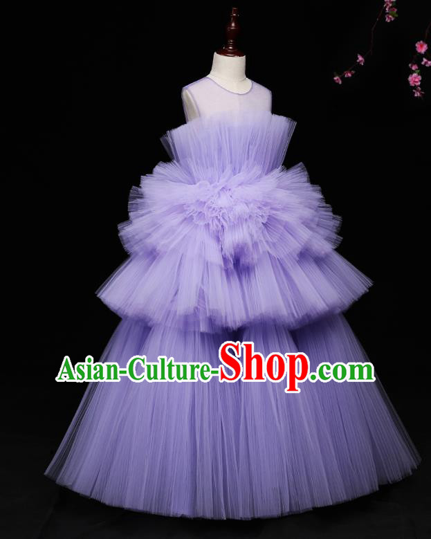 Children Modern Dance Costume Compere Full Dress Stage Piano Performance Purple Veil Bubble Dress for Kids