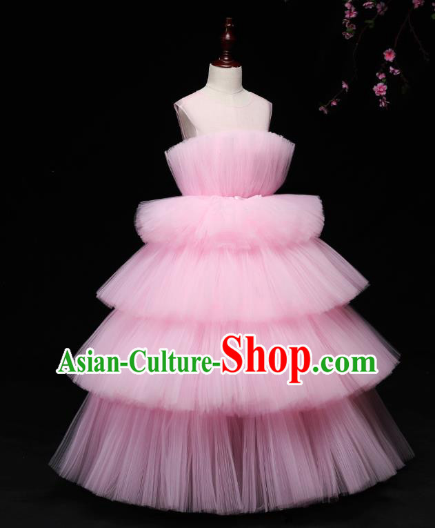 Children Modern Dance Costume Compere Full Dress Stage Piano Performance Pink Veil Bubble Dress for Kids