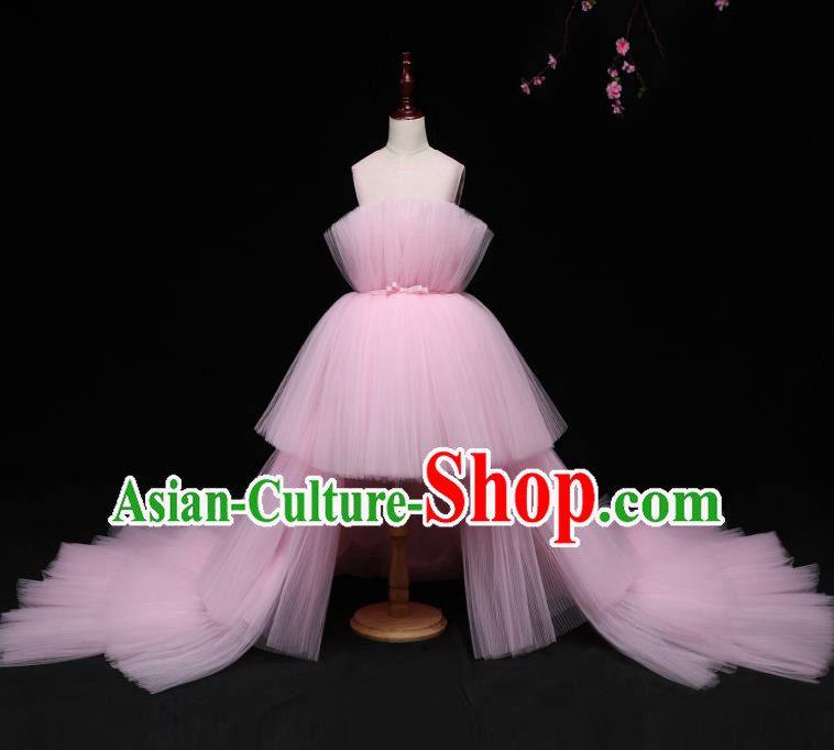 Children Modern Dance Costume Compere Full Dress Stage Piano Performance Pink Veil Trailing Dress for Kids