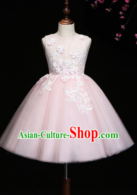 Children Modern Dance Costume Compere Pink Bubble Full Dress Stage Piano Performance Dress for Kids