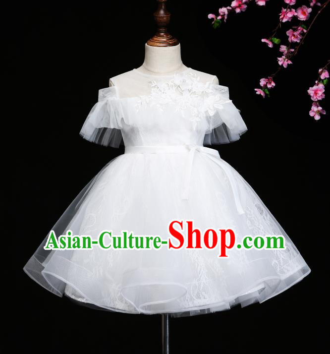 Children Modern Dance Costume Compere White Bubble Full Dress Stage Piano Performance Dress for Kids