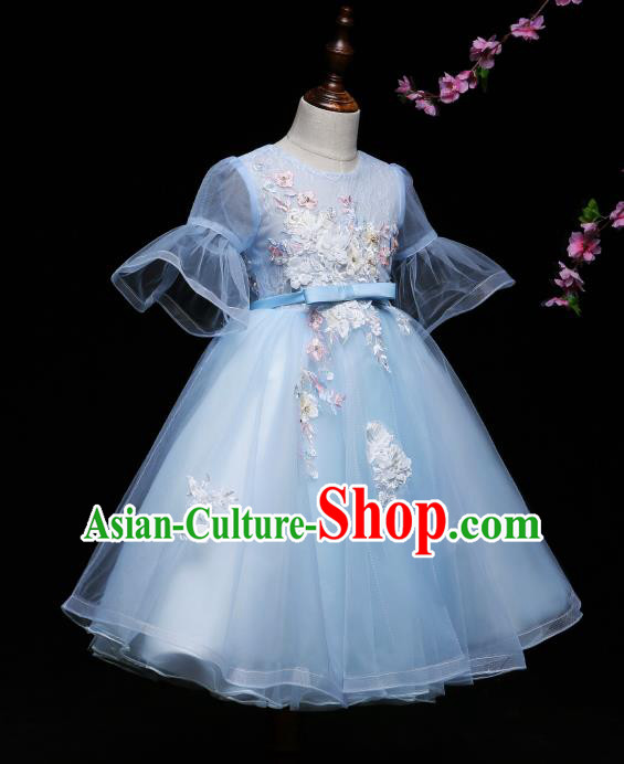 Children Modern Dance Costume Compere Blue Veil Full Dress Stage Piano Performance Princess Dress for Kids