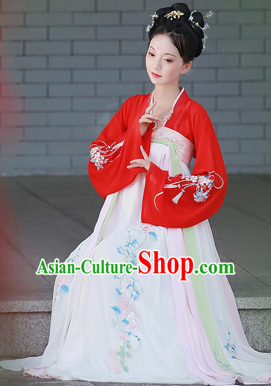 Chinese Ancient Tang Dynasty Palace Princess Embroidered Hanfu Dress Costume for Women