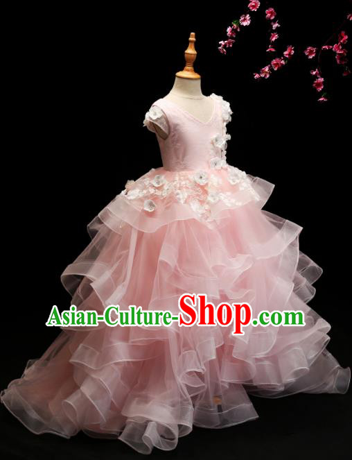 Children Modern Dance Costume Compere Pink Bubble Full Dress Stage Piano Performance Princess Dress for Kids